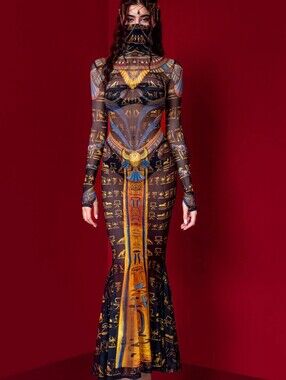 Long Sleeve Black Gold Printed Mesh Maxi Dress Egyptian Cosplay Badinka XXL